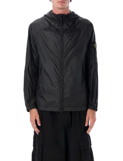 Stone Island Ripstop Nylon Hooded Jacket In Black