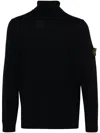 Stone Island Black Turtleneck With Ribbed Collar And Logo Patch In Blue