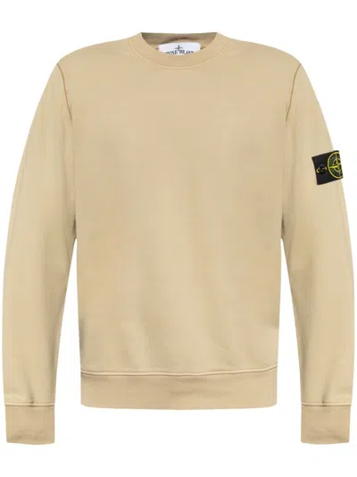 Stone Island Round Neck Sweatshirt With Logo Patch And Ribbed Finish In Neutral