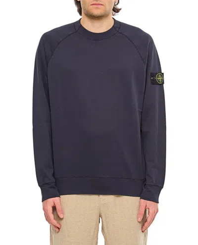 Stone Island Round-neck Sweatshirt With Ribbed Cuffs And Logo Detail In Blue