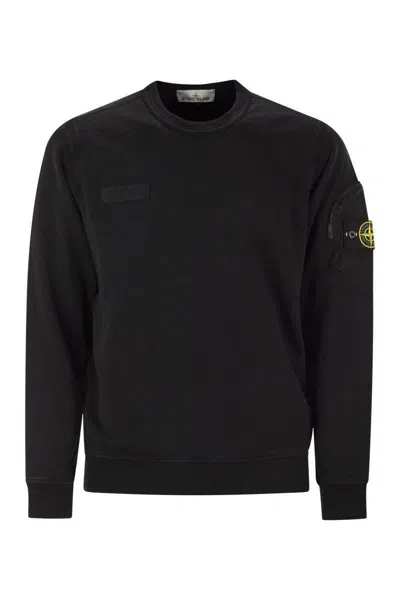 Stone Island Round-neck Sweatshirt With Zipped Sleeve Pocket In Black