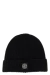 Stone Island Ribbed Knit Beanie With Compass Logo Patch In Black