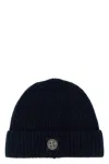 Stone Island Beanie With Compass Patch And Ribbed Cuff In Blue