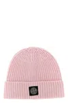 Stone Island Light Wool Knitted Beanie With Compass Patch Accessories In Pink