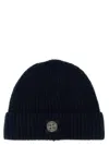 Stone Island Beanie With Compass Patch And Ribbed Cuff In Blue