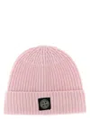 Stone Island Light Wool Knitted Beanie With Compass Patch Accessories In Pink