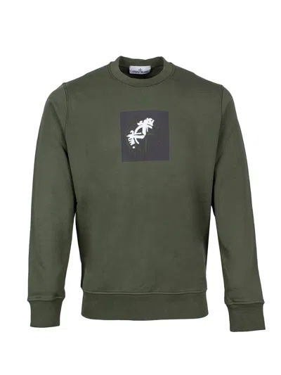 STONE ISLAND SAGE GREEN COTTON SWEATSHIRT WITH SIGNATURE COMPASS MOTIF AND RIBBED TRIM