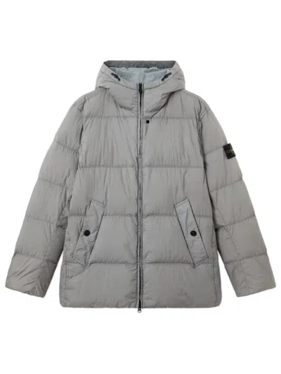 Stone Island Shaped Padded Hood Jacket With Double-adjustable Drawstring, Slanted Snap Pockets & Two In Grigio