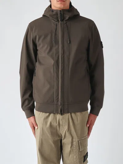 Stone Island Shell Hooded Windbreaker In Soft Shell-r Fabric In Green