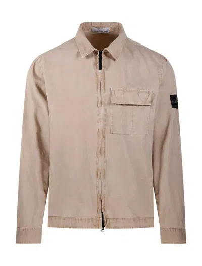 Stone Island Beige Cotton Overshirt With Front Zip In Brown