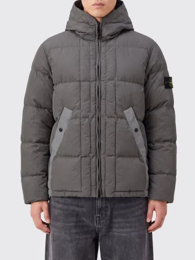 Stone Island Short Down Jacket In Recycled Nylon With Hood And Compass Logo In Gray