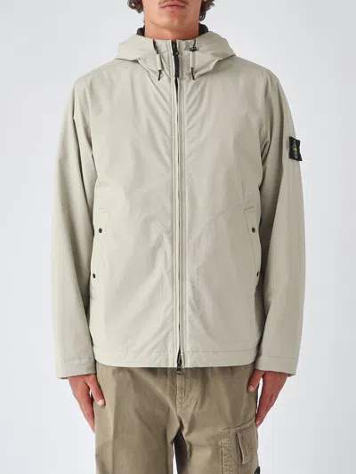 Stone Island Short Hooded Tech Fabric Windbreaker With Logo Patch In Gray