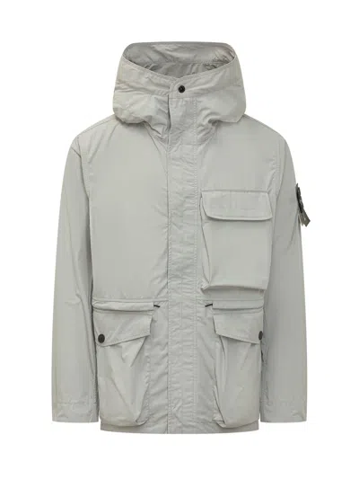 Stone Island Short Paintrka With Hood And Applied Pockets In White