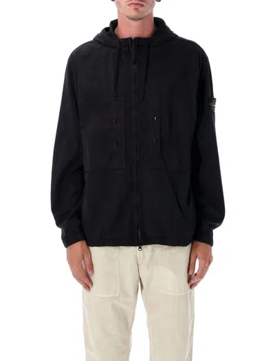Stone Island Stretch Supima Cotton Twill Hooded Jacket In Black