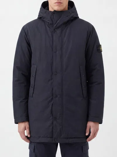 Stone Island Short Parka In Recycled Technical Fabric With Hood And Logo In Blue