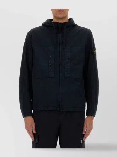 Stone Island Short Parka With Elastic Hem And Hood In Blue