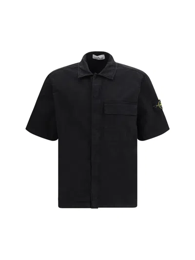 Stone Island Short Sleeve Stretch Cotton Button-up Shirt In Black