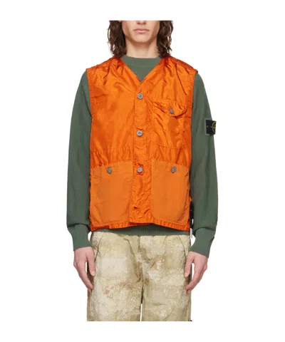 Stone Island Single-breasted Sleeveless Vest In Orange