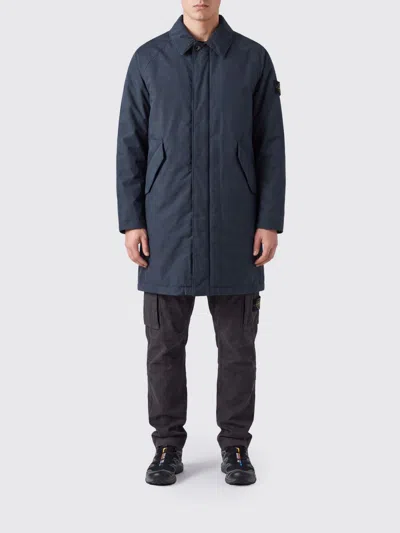 Stone Island Single-breasted Knee-length Trench Coat In Nylon With Logo Patch In Blue