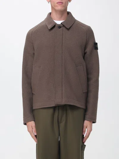 Stone Island Single-breasted Short Coat In Wool Cloth With Concealed Fastening In Brown