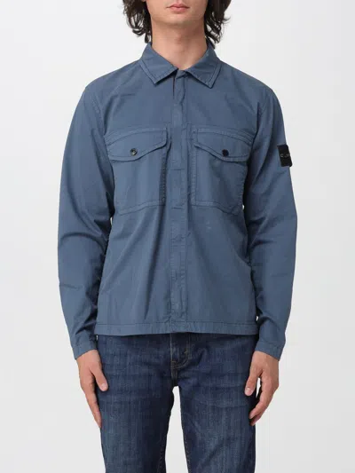 Stone Island Slim Fit Cotton Twill Shirt Jacket With Compass Logo In Blue