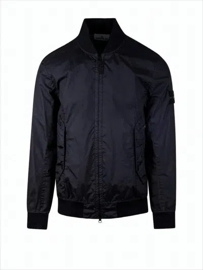 Stone Island Smooth-finish Bomber Jacket With Ribbed Cuffs In Blue