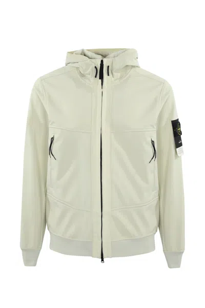 Stone Island Logo Patch Zip Up Hoodie In Stucco