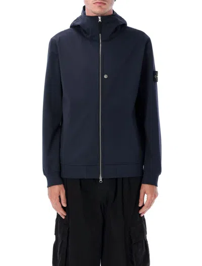 Stone Island Hooded Long Sleeve Jacket With Ribbed Cuffs In Blue