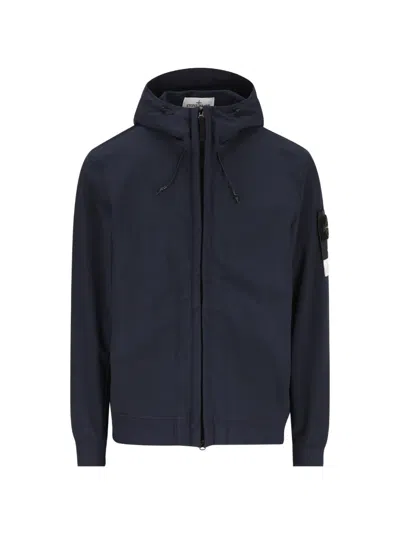Stone Island Cotton Zip Hoodie With Compass Patch Hoodie In Blue