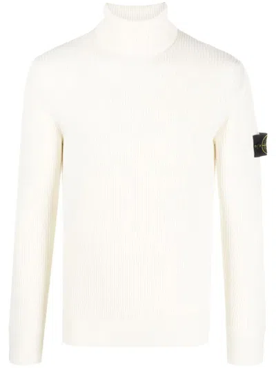 Stone Island Sophisticated Men's Turtleneck Sweater In Soft Ribbed Wool In Natural