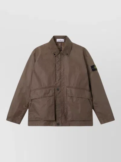 Stone Island Stand Collar Jacket Adjustable Cuffs Pockets In Brown