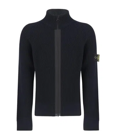 Stone Island Stand-up Collar Cardigan Sweater In Black