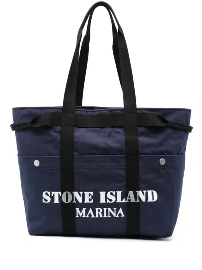 Stone Island Marina Cotton Tote Bag In Blue
