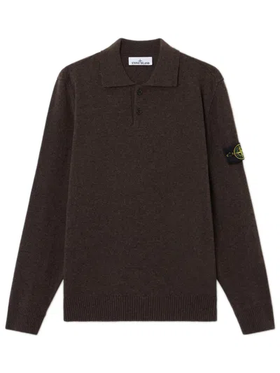Stone Island Stone-effect Polo-style Virgin Wool Sweater With Button Closure And Badge In Brown