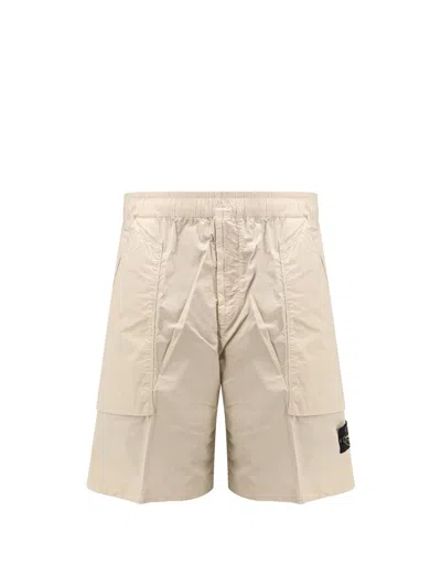 Stone Island Stretch Cotton Bermuda Shorts With Iconic Logo Patch In Cream