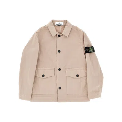 Stone Island Stretch Cotton Shirt Jacket With Logo Badge Kids In Neutral