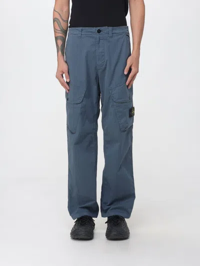 Stone Island Stretch Cotton Twill Cargo Trousers With Logo Badge In Blue