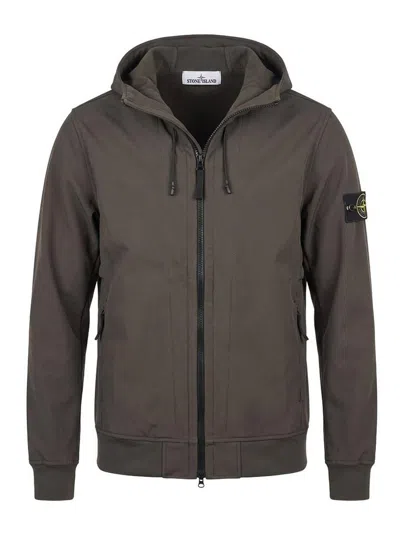 Stone Island Stretch Hooded Zip Jacket In Brown