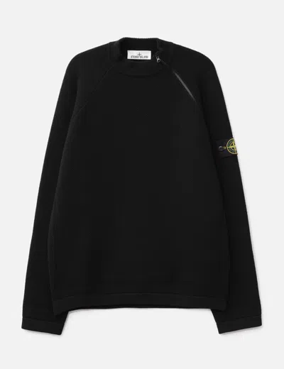 Stone Island Stretch Rwsa Wool Mock Neck Jumper With Diagonal Zip In Black