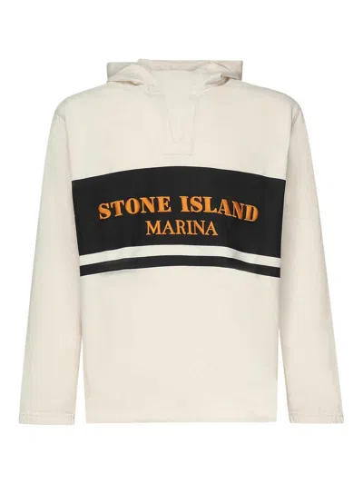 Stone Island Striped And Logo Hoodie In Neutral