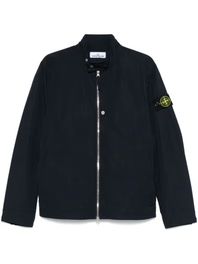 Stone Island Logo Nylon Overshirt With Collar And Zip Pocket In Blue