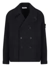 Stone Island Double-breasted Blue Coat With Structured Collar In Black