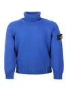 Stone Island Long-sleeved Turtleneck Sweater In Warm Stretch Cotton With Badge On The Left Sleeve In Blue