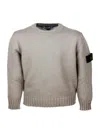Stone Island Long-sleeved Round-neck Sweater In Warm Cotton With Badge On The Left Sleeve In Neutral