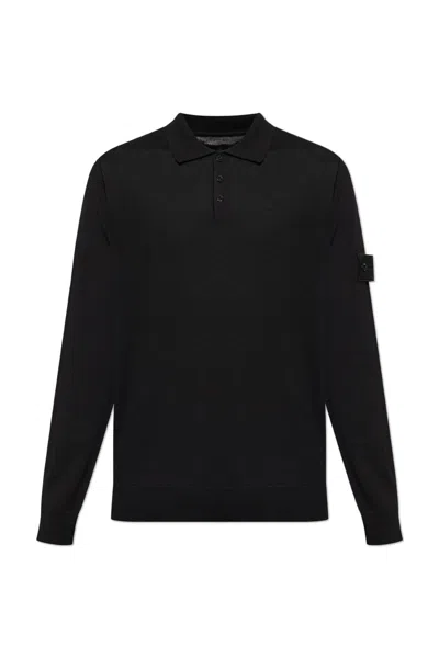 Stone Island Navy Blue Wool Polo Sweater In Black