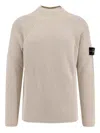 Stone Island White Sweater With Ribbed Design And Logo Patch On Sleeve In Virgin Wool Blend Man In Neutral