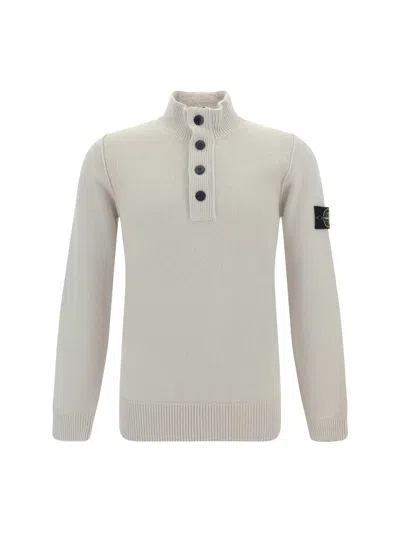 Stone Island Buttoned High Neck Jumper In Grey