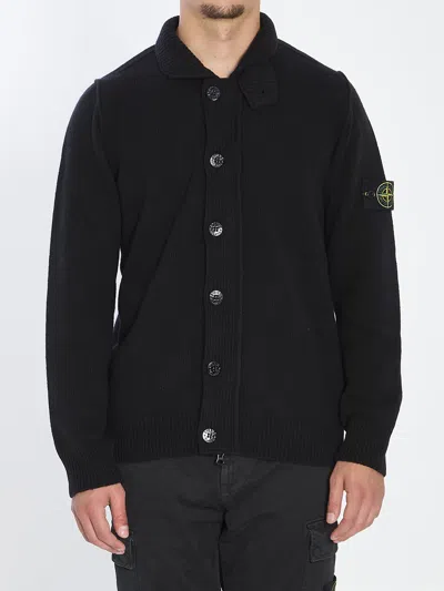 Stone Island Knit Button-up Jumper In Lamb Wool And Nylon Blend Knitwear Black