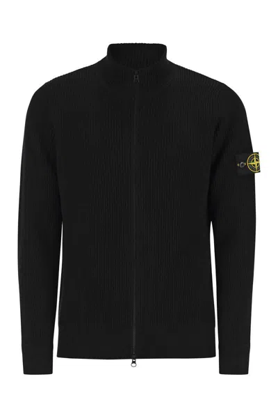 Stone Island Sweater With Zip And Thin Ribbed Edges In Black