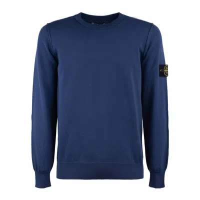 STONE ISLAND STONE ISLAND BLUE CREW-NECK SWEATER WITH SMALL LAPELS